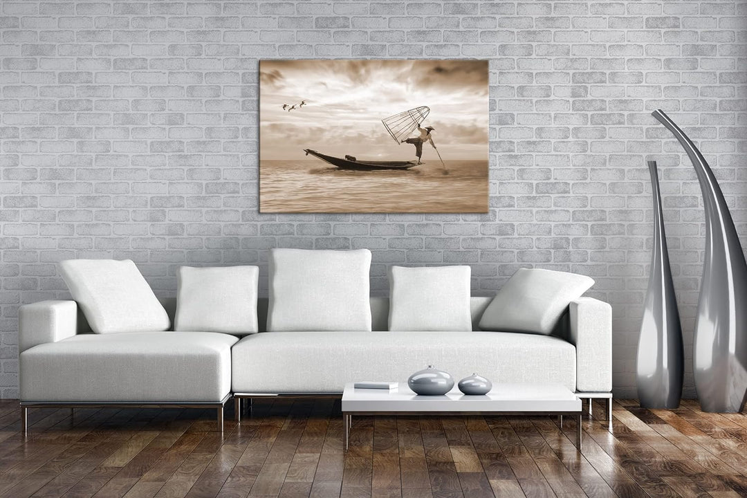 deyoli verspielter Fischer auf seinem Boot Effekt: Sepia Format: 120x80 als Leinwandbild, Motiv fert