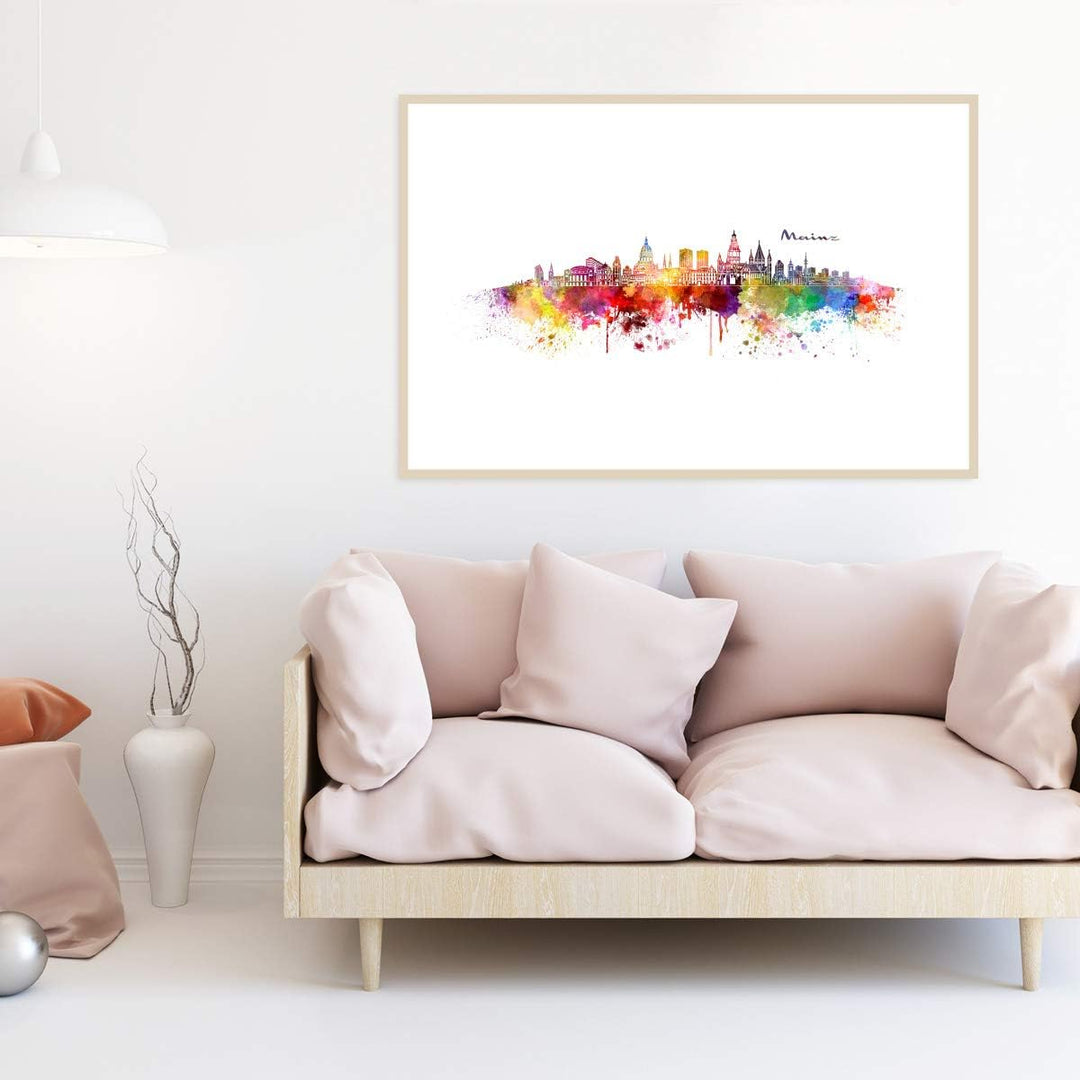 JUNIWORDS Poster mit/ohne Holzrahmen, Wähle ein Motiv, Aquarell Skyline Mainz, Wähle eine Grösse, 21