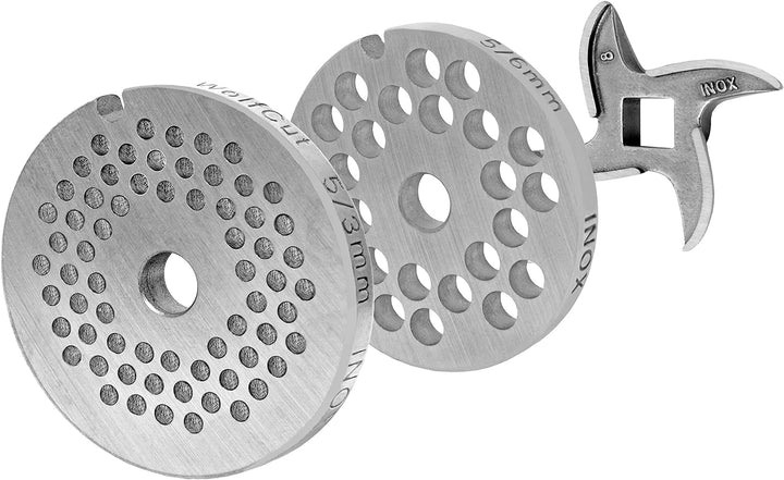 Wolfcut Lochscheibensatz Kompatibel/Ersatz mit alle Fleischwolf Grössen 5 / 3mm + 6mm und 1 Sichelme