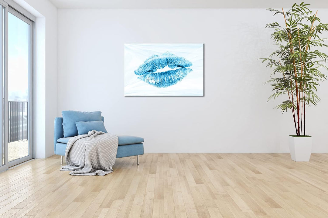 deyoli Roter Lippenstift Abdruck Format 80x60 Effekt: Monocrome Blau als Leinwandbild, Motiv fertig