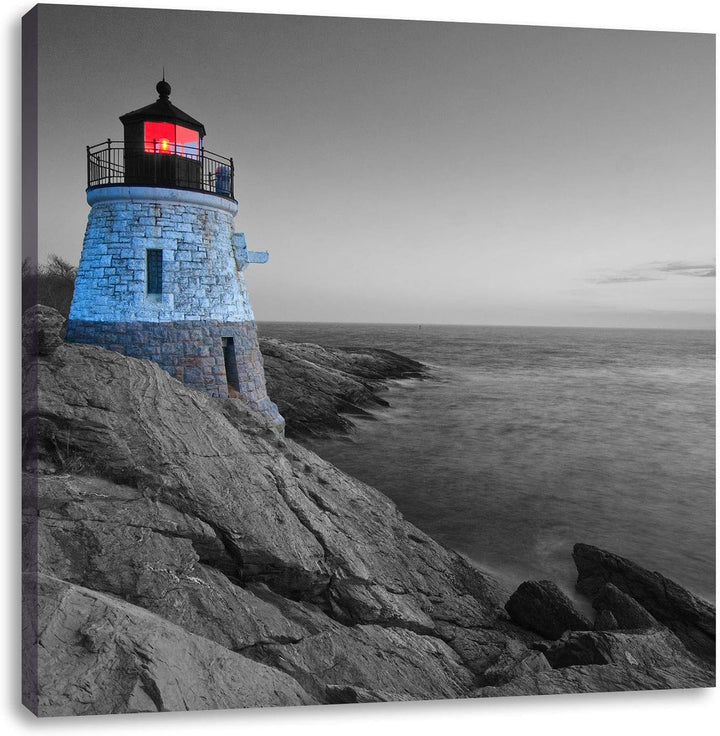 Pixxprint winziger Leuchtturm auf Felsen schwarz/weiss, Format: 70x70 auf Leinwand, 70x70