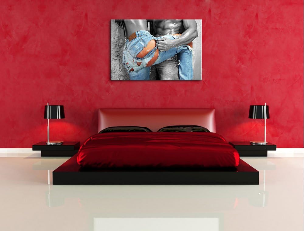 Frau in aufgerissener Jeans schwarz/weiss Format: 100x70 auf Leinwand, XXL riesige Bilder fertig ger