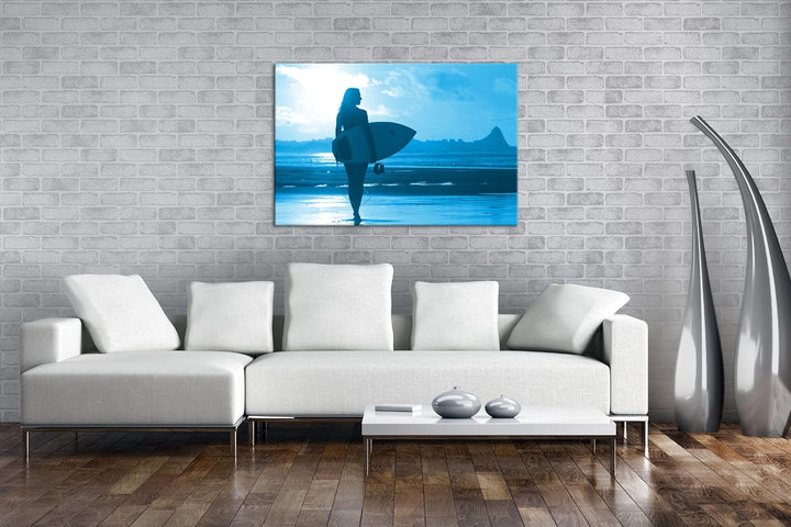 deyoli Surfen im Sonnenuntergang Format: 80x60 Effekt: Monocrome Blau als Leinwandbild, Motiv fertig