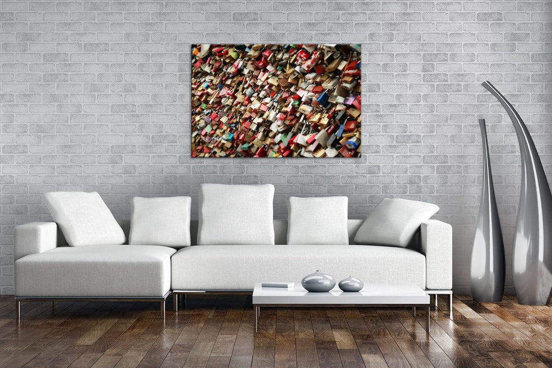deyoli tausende Schlösser mit Herzen im Format: 80x60 als Leinwandbild, Motiv fertig gerahmt auf Ech
