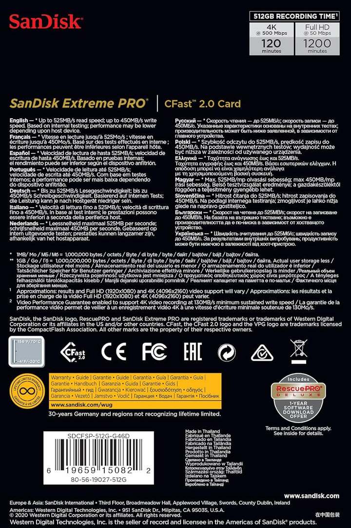 SanDisk Extreme Pro CFast 2.0 Speicherkarte 512 GB (Für Kameras und Camcorder, VPG-130 für 4K Videos