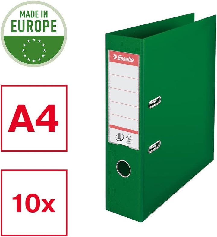 Esselte Ordner breit, DIN A4, 10er Pack, 7,5 cm Rückenbreite, Kunststoff-Ordner, Grün, Vivida, 81136