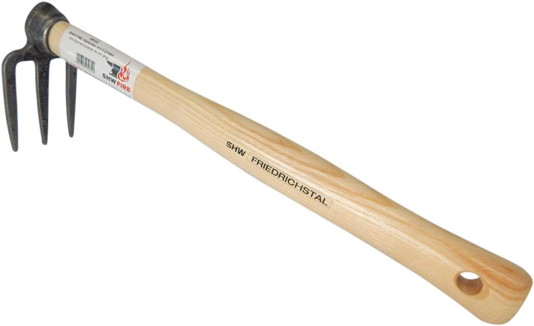 SHW-FIRE Handhacke: 3-Zinken Gartenhacke mit Eschenholzstiel - 40cm kurz - hochwertig geschmiedet