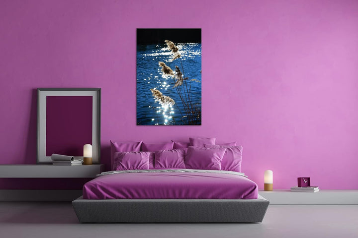 deyoli Schilf mit schimmernden Wasser im Format: 100x70 als Leinwandbild, Motiv fertig gerahmt auf E