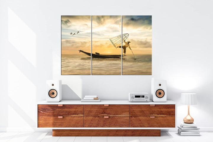 deyoli verspielter Fischer auf seinem Boot Format: 3Teilig als Leinwandbild, Motiv fertig gerahmt au
