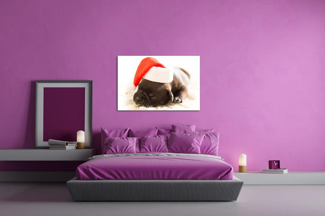 deyoli süsser Hund mit Weihnachtsmütze im Format: 80x60 als Leinwandbild, Motiv fertig gerahmt auf E