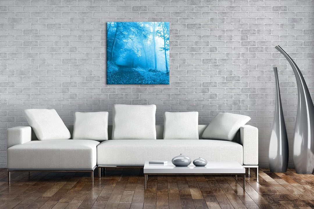 deyoli vernebelter Waldweg im Herbst Format: 70x70 Effekt: Monocrome Blau als Leinwandbild, Motiv fe