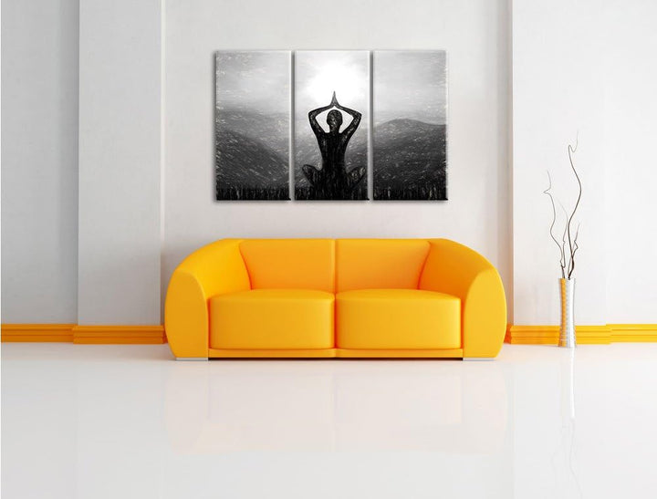 Pixxprint Yoga und Meditation in den Bergen Kunst Kohle Effekt 3-Teiler Leinwandbild 120x80 Bild auf