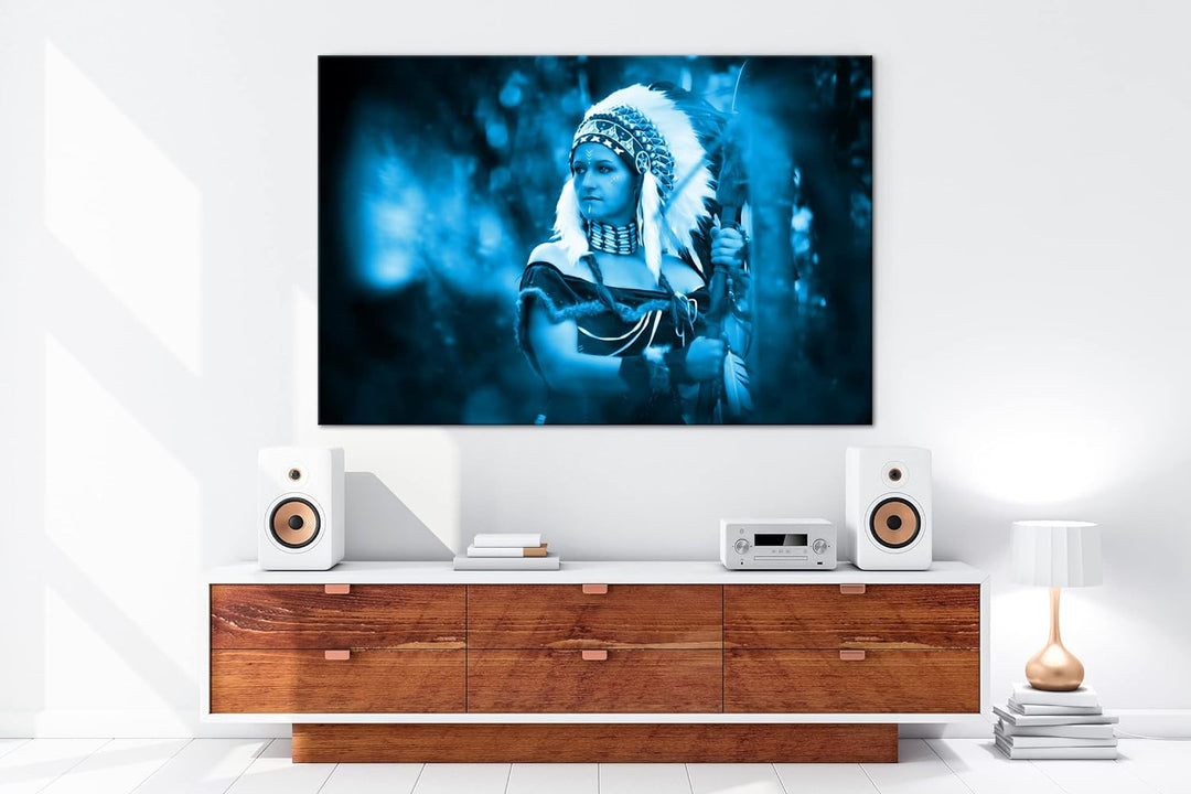 deyoli stolze Indianerin Format: 80x60 Effekt: Monocrome Blau als Leinwand, Motiv fertig gerahmt auf