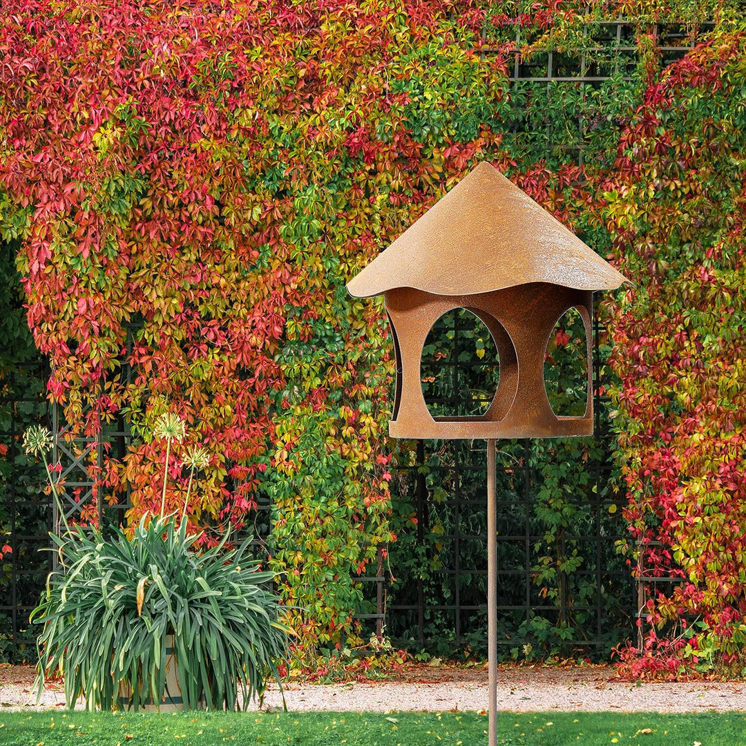 ecosoul Vogelhaus Futterstelle rund zum Stecken mit Stab Metall Rost Deko Kerzenhalter Stecker Stab