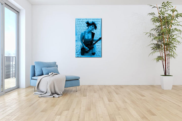 deyoli Sexy Gitarrenspielerin Format 100x70 Effekt: Monocrome Blau als Leinwandbild, Motiv fertig ge