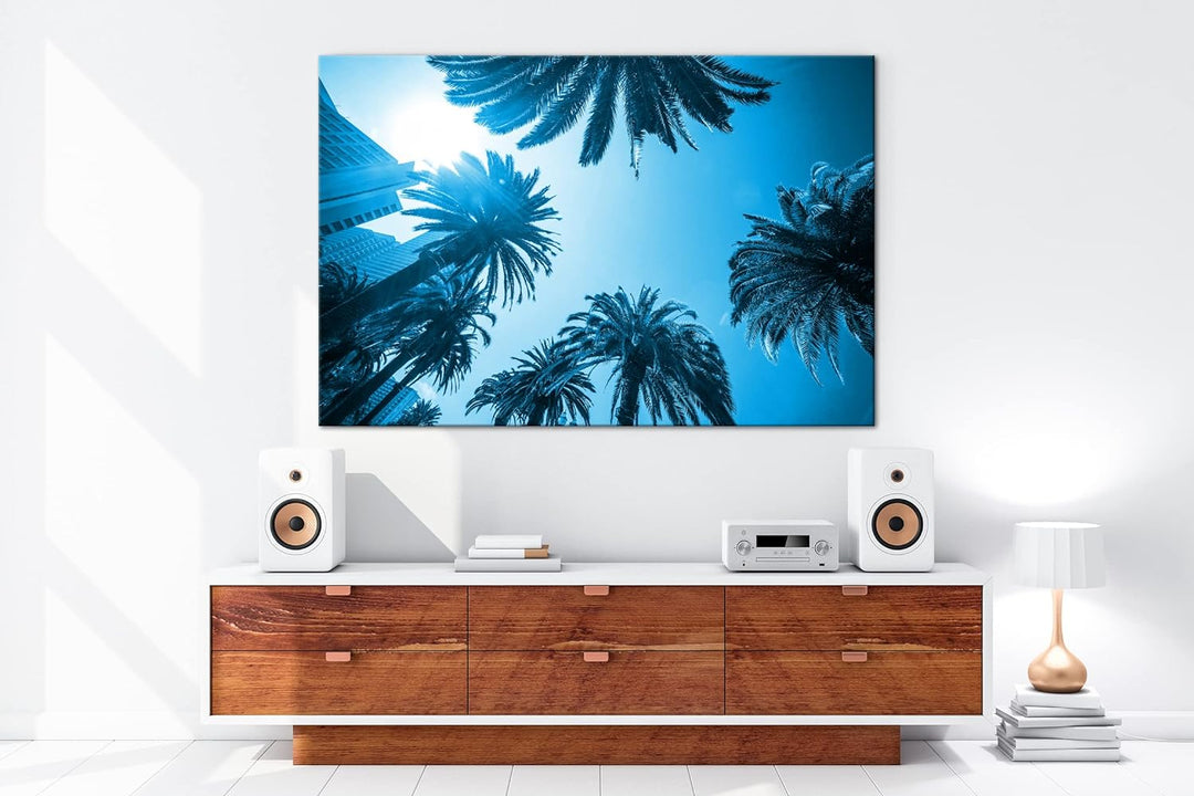 deyoli tropische Stadt mit Palmen Format: 60x40 Effekt: Monocrome Blau als Leinwand, Motiv fertig ge