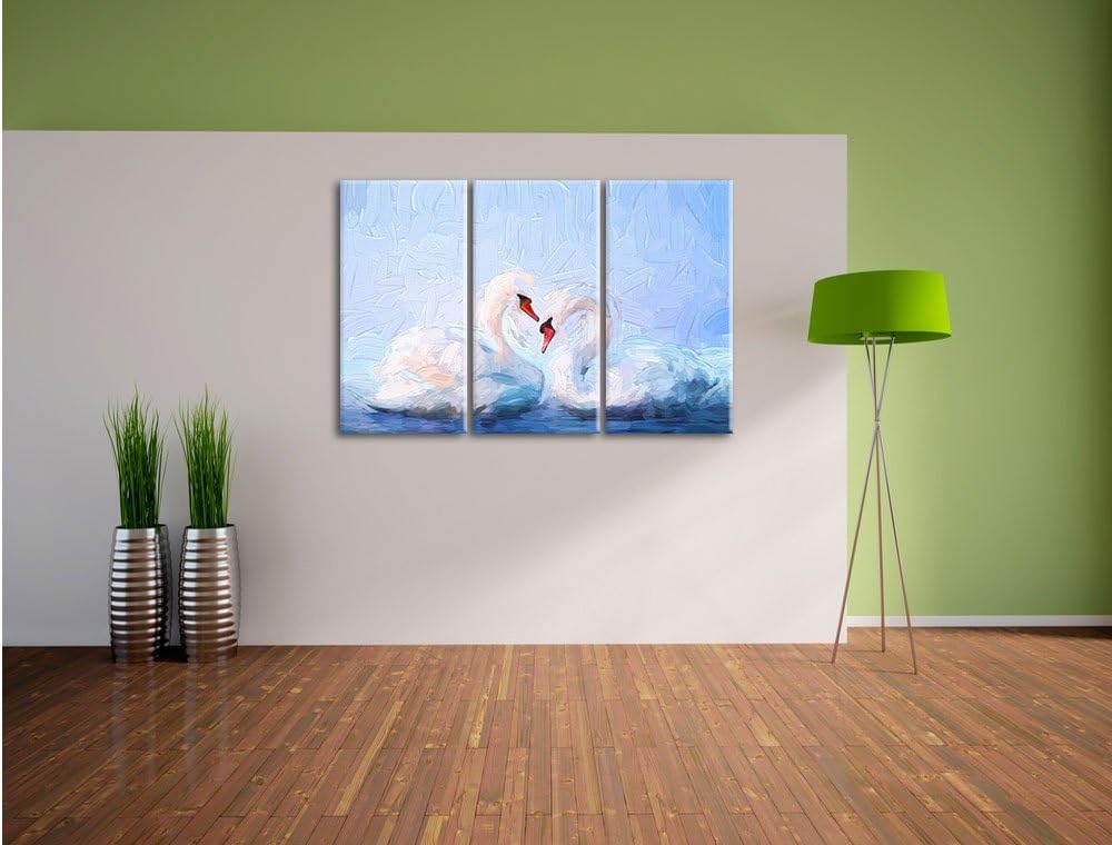 Pixxprint Zwei Schwäne auf dem Wasser Kunst als Leinwandbild/Grösse: 3 Teilig (120x80) cm/Wandbild/K