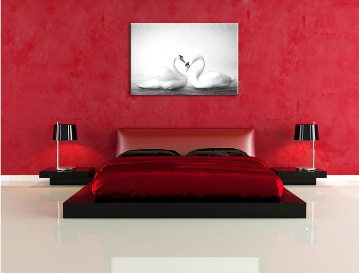 Pixxprint Zwei Schwäne auf dem Wasser Kunst / 100x70cm Leinwandbild bespannt auf Holzrahmen/Wandbild