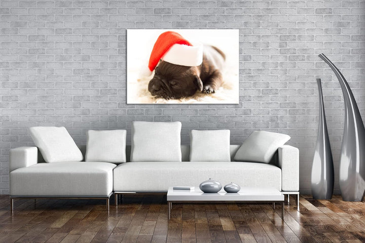 deyoli süsser Hund mit Weihnachtsmütze im Format: 80x60 als Leinwandbild, Motiv fertig gerahmt auf E