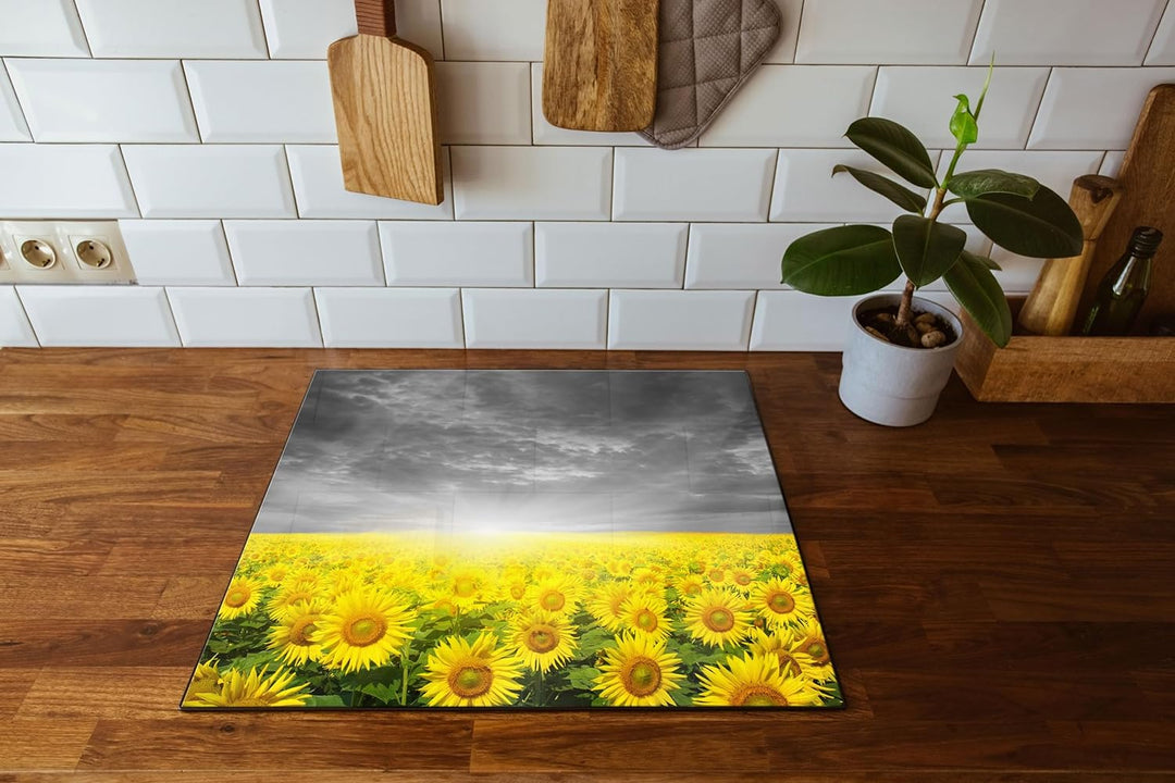 Sonnenblumen Sonnenuntergang Herdabdeckplatte & Spritzschutz aus Echtglas | Für Herd-Kochfelder | 60