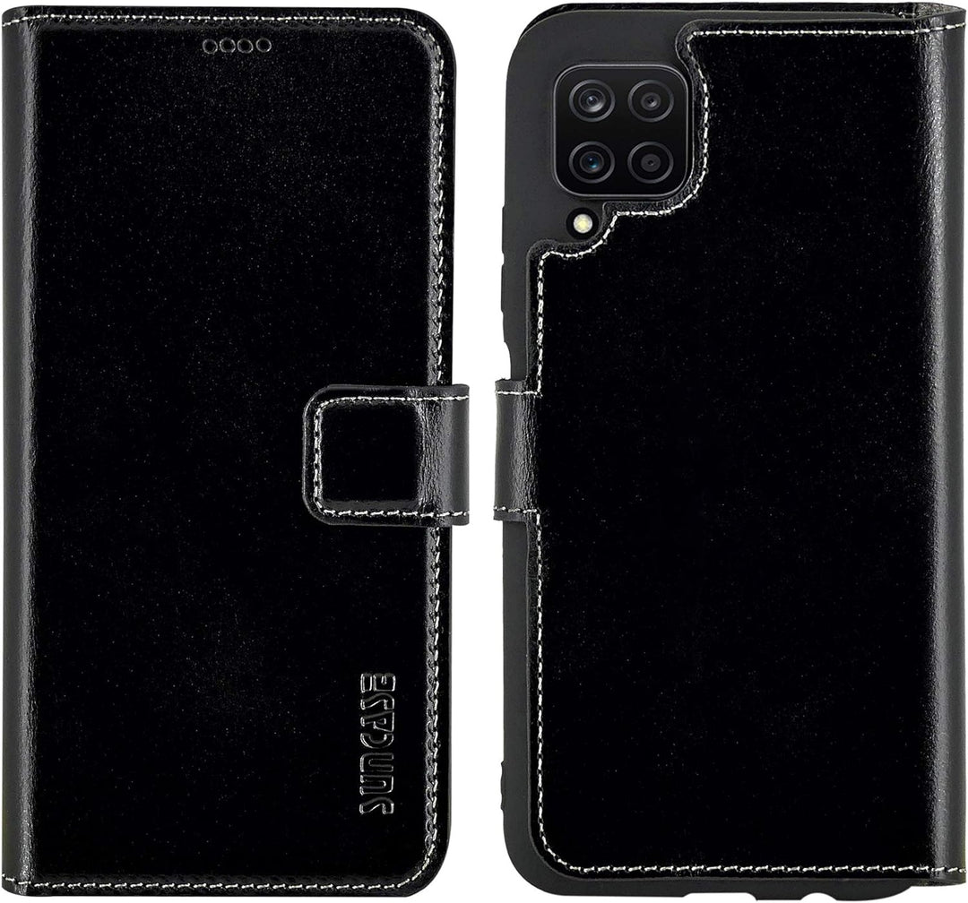 Suncase Book-Style Hülle kompatibel mit Samsung Galaxy A12 Leder Tasche (Slim-Fit) Lederhülle Handyt