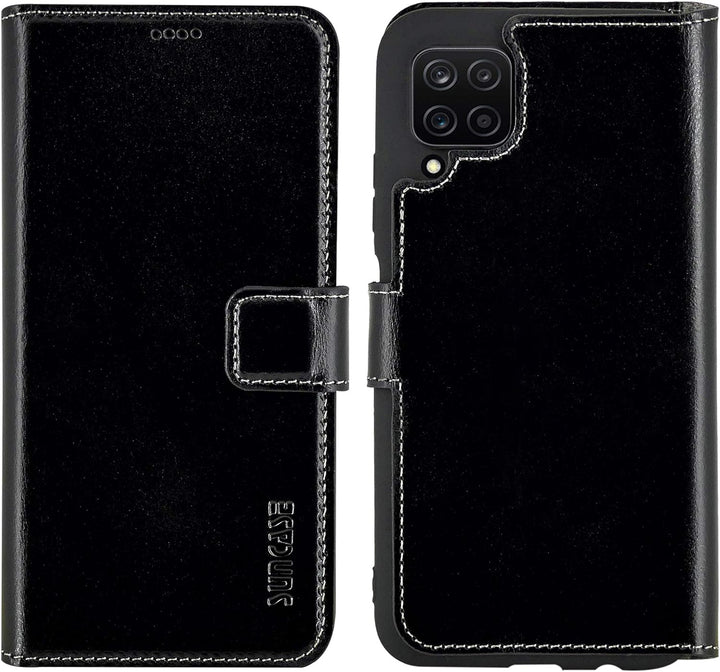 Suncase Book-Style Hülle kompatibel mit Samsung Galaxy A12 Leder Tasche (Slim-Fit) Lederhülle Handyt