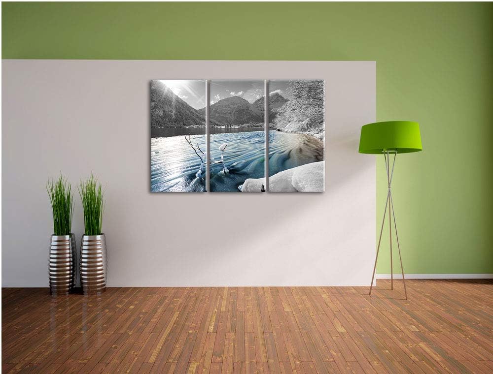 Ruhiger See im Winterwald schwarz/weiss 3-Teiler Leinwandbild 120x80 Bild auf Leinwand, XXL riesige