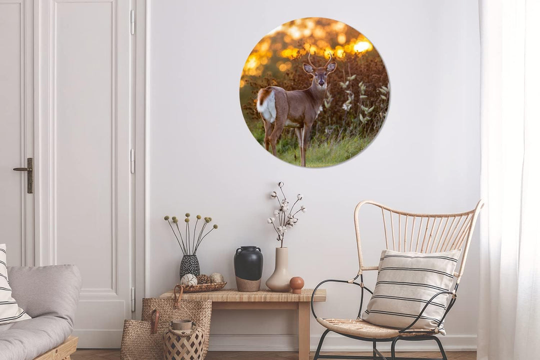 MuchoWow Wandbild Rund Wanddeko Deko Wohnzimmer Bilder 90x90 cm Hirsche - Pflanzen - Sonnenuntergang