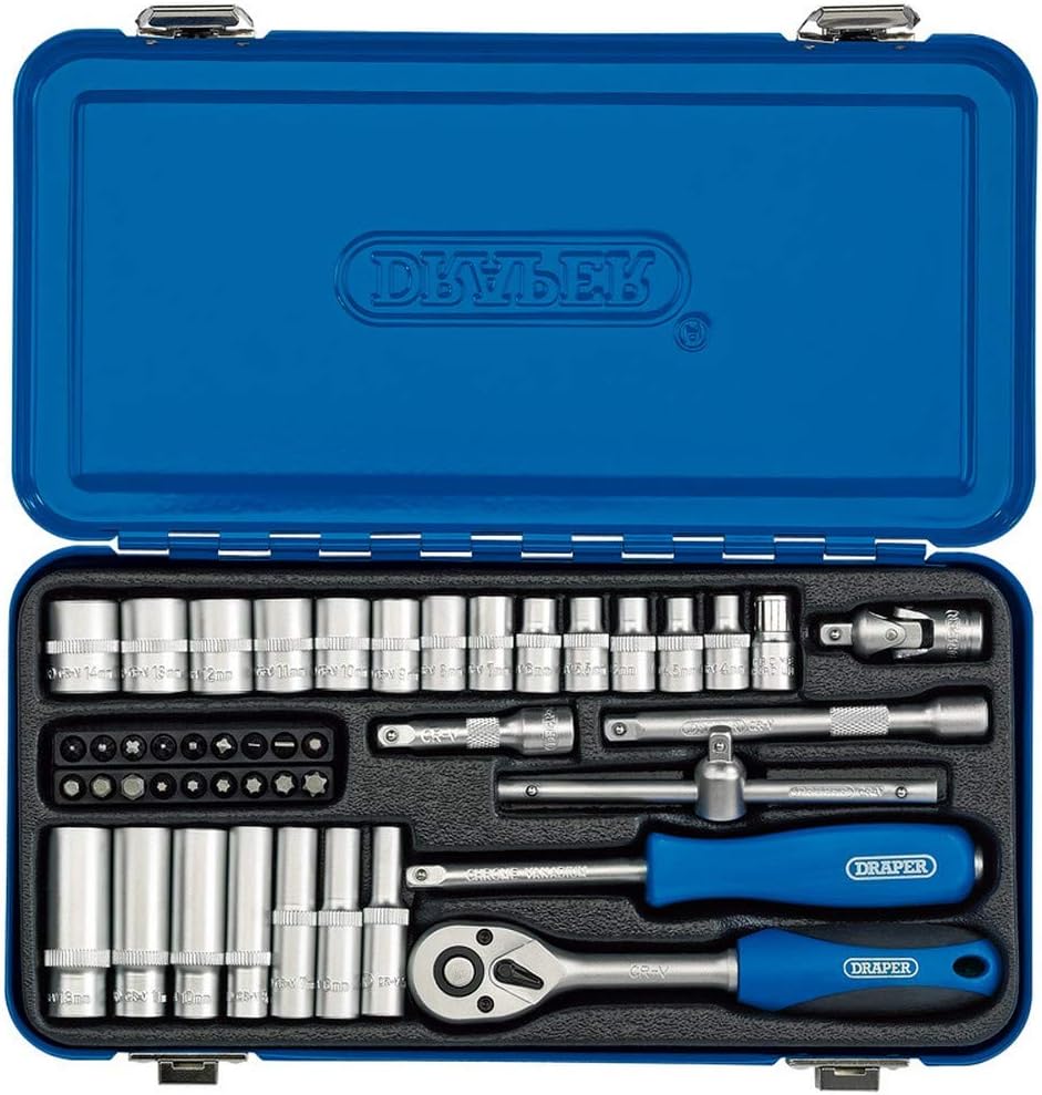 Draper 16365 Steckschlüsselsatz mit Vierkantantrieb, metrisch, in Metallkoffer, blau, 16365 1/4-Inch