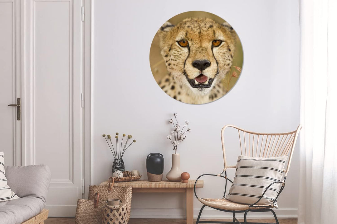 MuchoWow Wandbild Rund Wanddeko Deko Wohnzimmer Bilder 90x90 cm Leopard - Kopf - Pflanzen, 90x90 cm