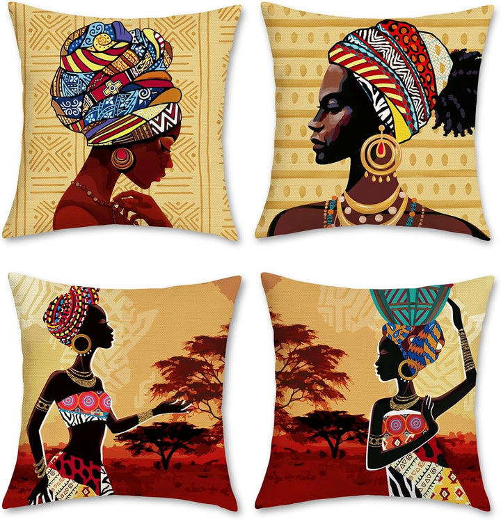 Bonhause 4er Set Kissenbezüge Afrikanische Frauen 45 x 45 cm Ethnisch Stammes Polyester Leinen Dekor