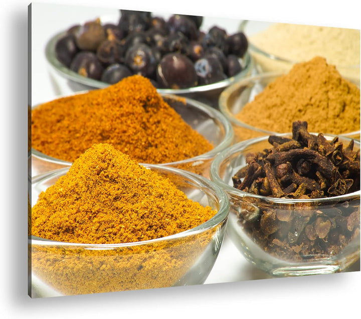deyoli viele Gläser mit Gewürzen im Format: 80x60 als Leinwandbild, Motiv fertig gerahmt auf Echthol