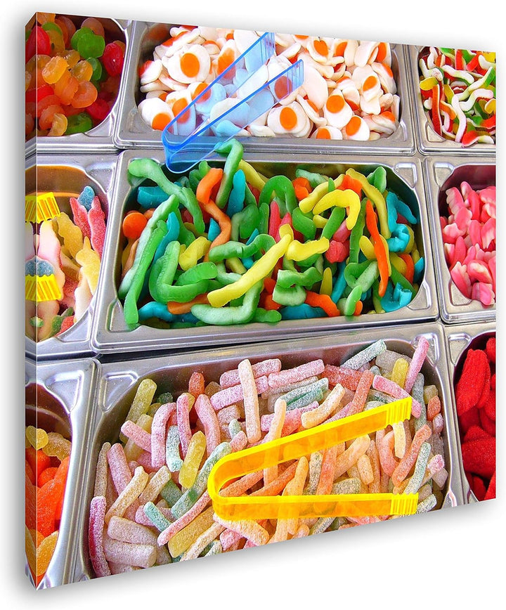 deyoli viele Bunte Süssigkeiten im Format: 60x60 als Leinwandbild, Motiv fertig gerahmt auf Echtholz