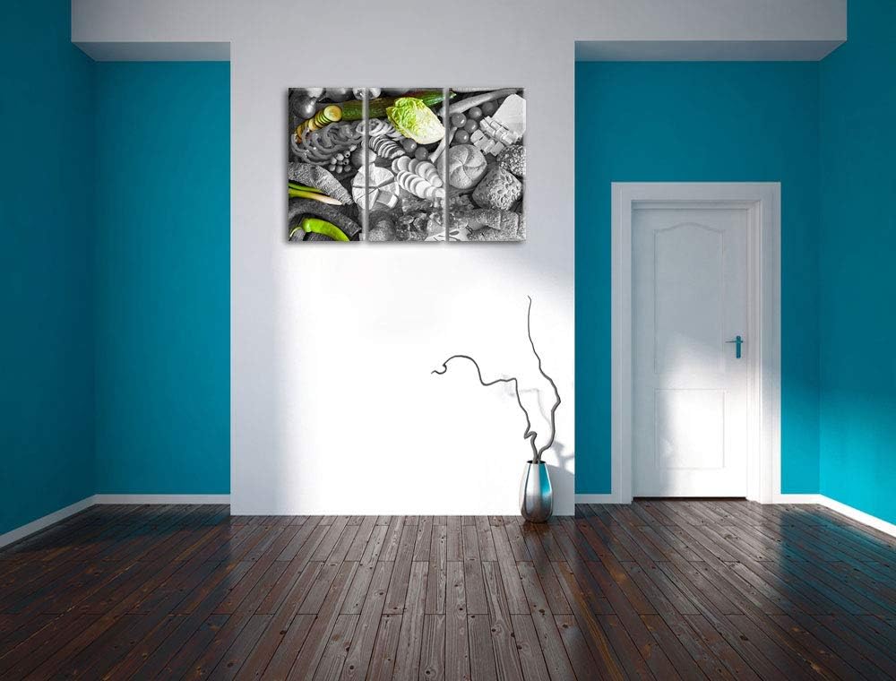 Früstücksplatte mit Gemüse schwarz/weiss 3-Teiler Leinwandbild 120x80 Bild auf Leinwand, XXL riesige