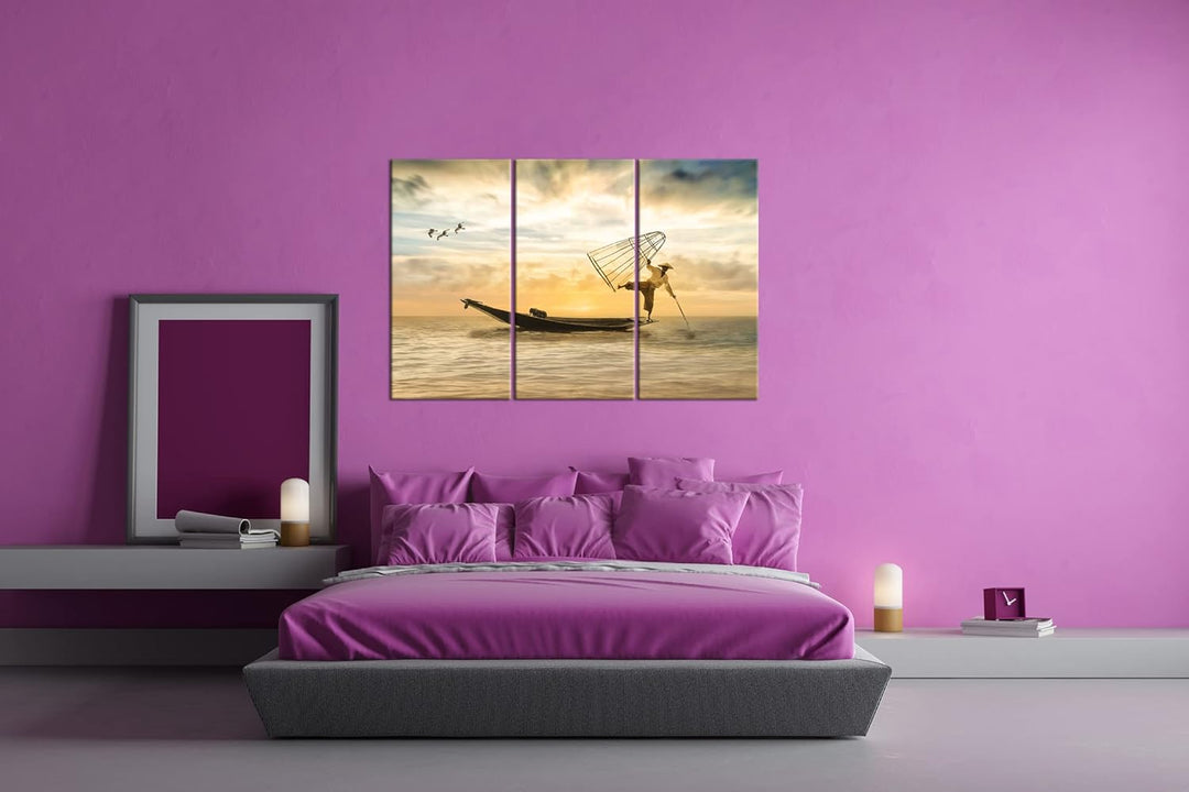 deyoli verspielter Fischer auf seinem Boot Format: 3Teilig als Leinwandbild, Motiv fertig gerahmt au