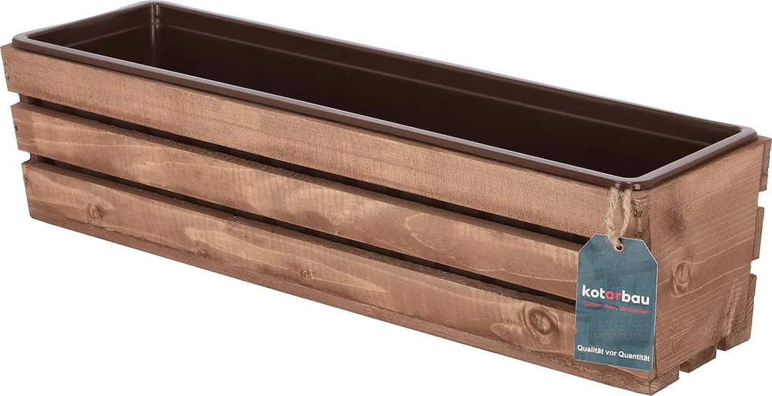 KOTARBAU® Holzblumenkasten Braun mit Kunststoffeinsatz 60 x 18 x15 cm Blumentopf Pflanzkasten Braun
