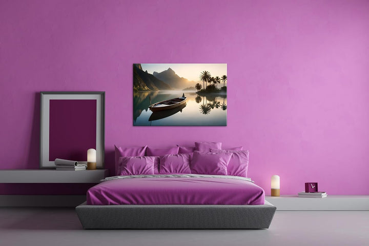 deyoli Palme mit Boot am Strand Format: 80x60 cm als Leinwandbild, Motiv fertig gerahmt auf Echtholz