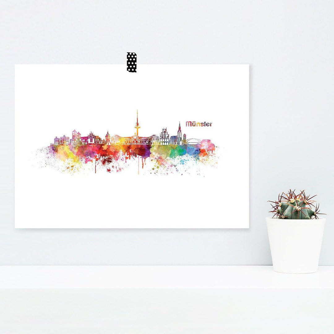 JUNIWORDS Poster mit/ohne Holzrahmen, Wähle ein Motiv, Aquarell Skyline Münster, Wähle eine Grösse,