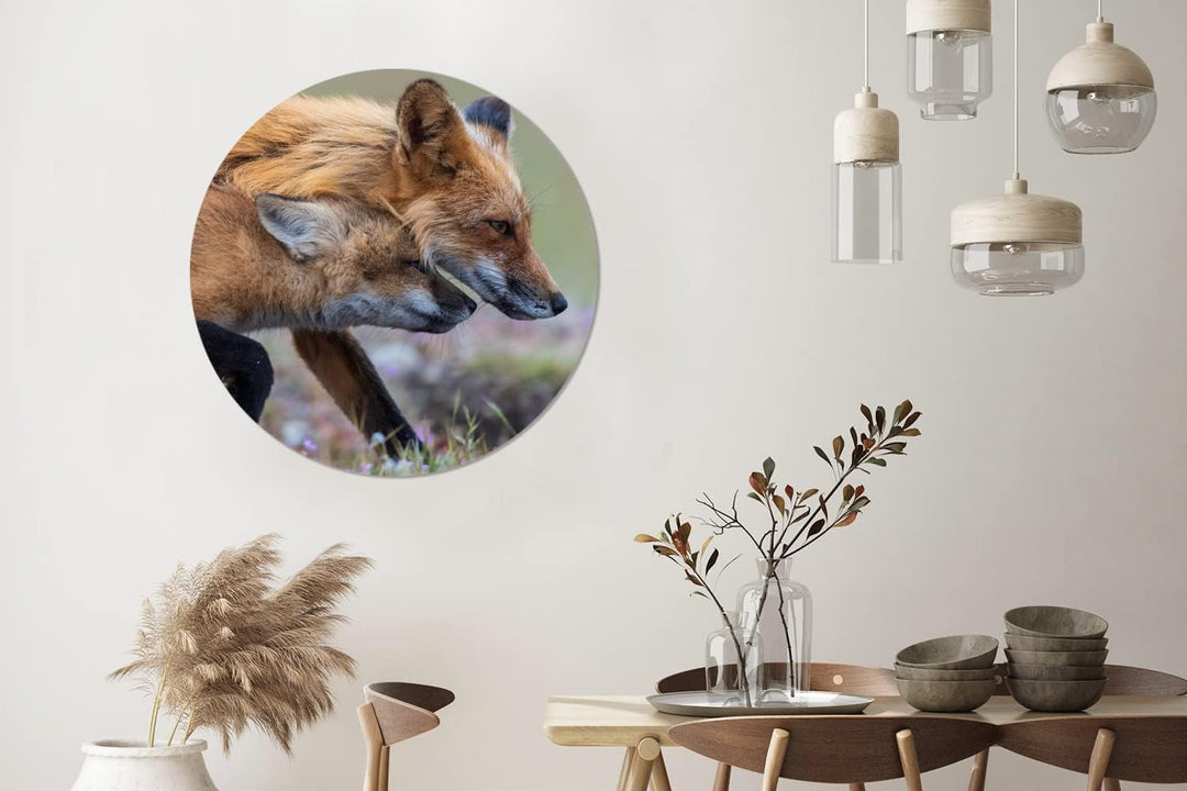MuchoWow Wandbild Rund Wanddeko Deko Wohnzimmer Bilder 90x90 cm Rotfuchs mit Jungtier, 90x90 cm