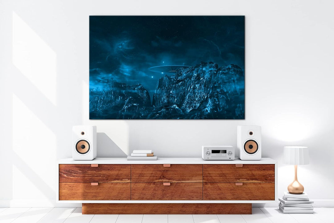 deyoli UFO auf einem fremden Planeten Format 80x60 Effekt: Monocrome Blau als Leinwandbild, Motiv fe