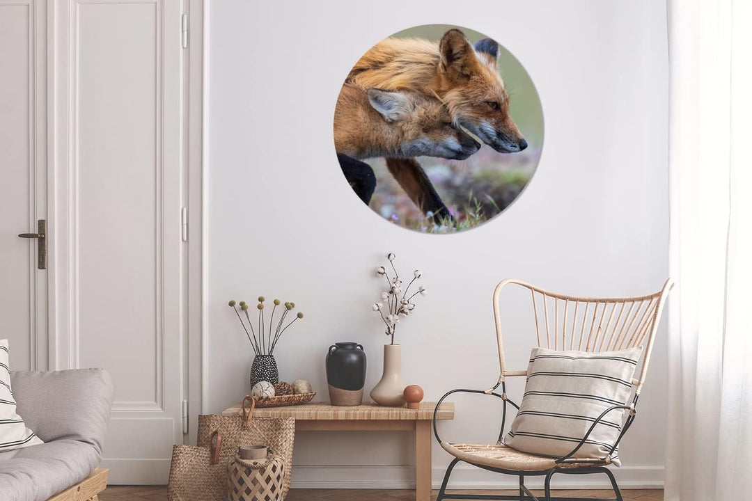 MuchoWow Wandbild Rund Wanddeko Deko Wohnzimmer Bilder 90x90 cm Rotfuchs mit Jungtier, 90x90 cm