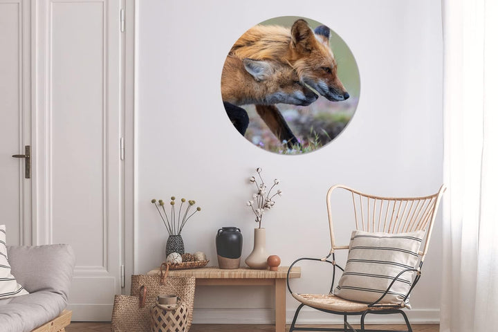 MuchoWow Wandbild Rund Wanddeko Deko Wohnzimmer Bilder 90x90 cm Rotfuchs mit Jungtier, 90x90 cm