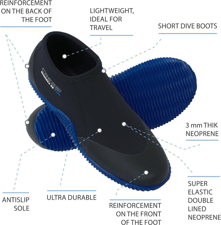 Cressi Minorca Shorty Boots 3mm - Kurzstiefel Doppelt Gefüttertes Neopren 3mm für Tauch und Wassersp