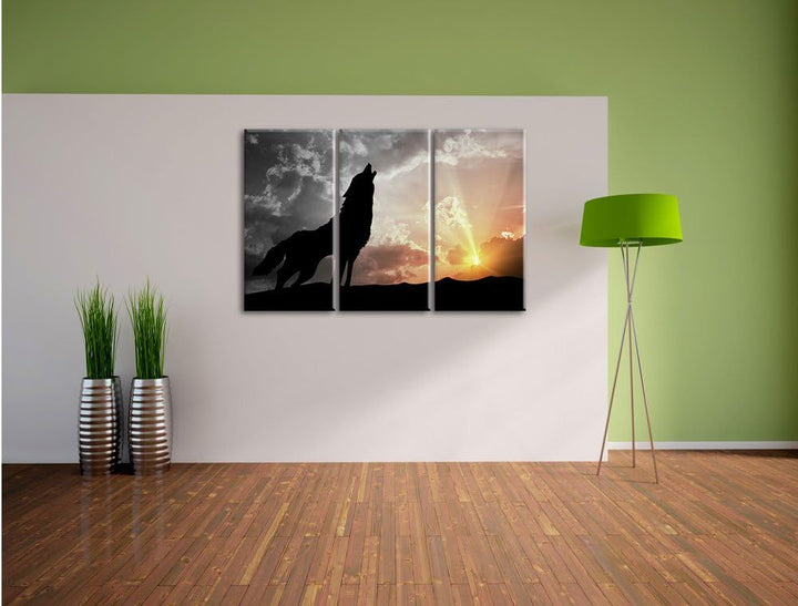 Pixxprint Wolf Heulen als Leinwandbild/Grösse: 3 Teilig (120x80 cm) cm/Wandbild/Kunstdruck/fertig be