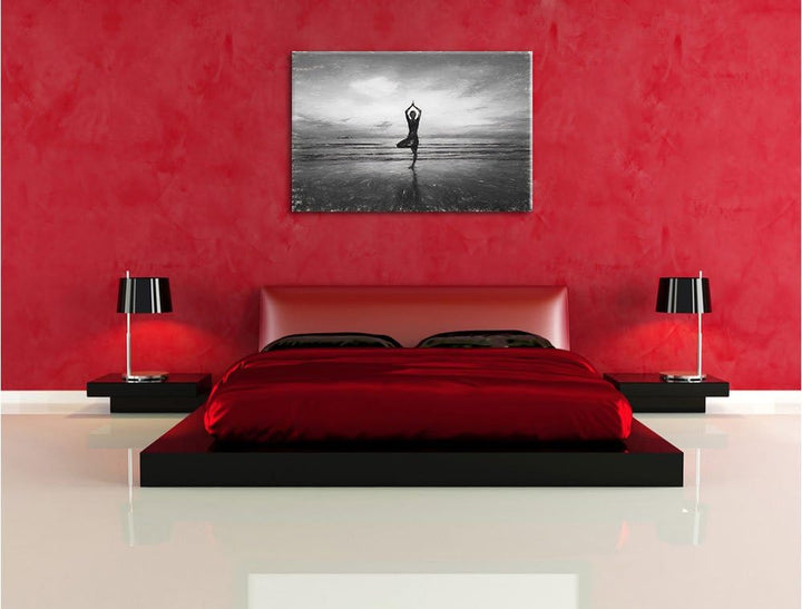 Pixxprint Yoga am Strand Kunst / 100x70cm Leinwandbild bespannt auf Holzrahmen/Wandbild Kunstdruck D