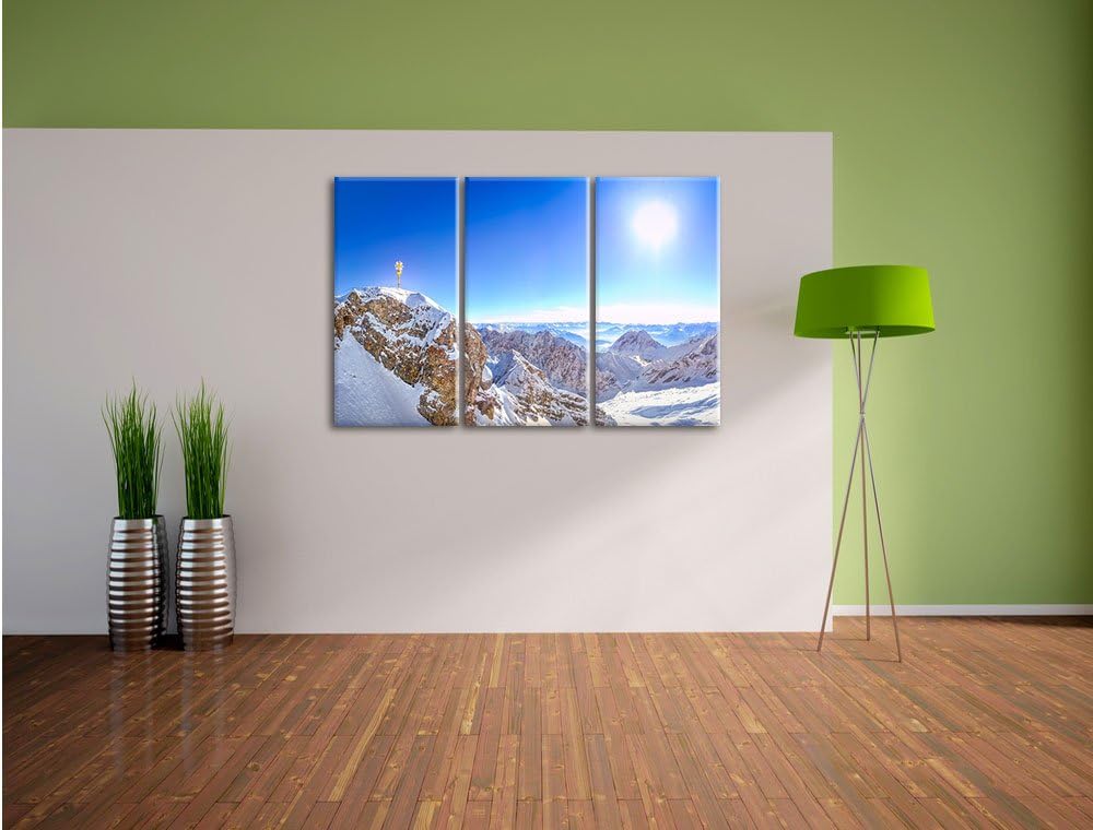 Pixxprint Zugspitze im Sonnenlicht als Leinwandbild | Grösse: 3 Teilig (120x80) | Wandbild| Kunstdru