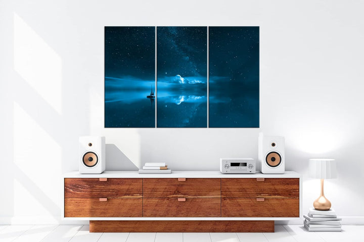 deyoli Sternenhimmel auf See Format: 120x80 3Teilig Effekt: Monocrome Blau als Leinwand, Motiv ferti