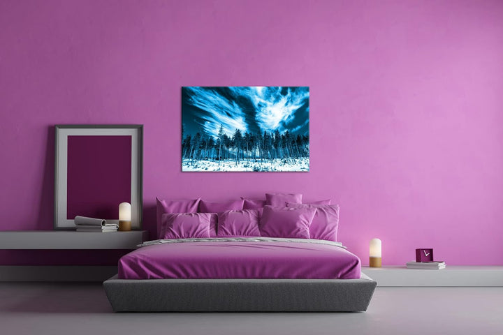deyoli verschneiter Nadelwald Format: 80x60 Effekt: Monocrome Blau als Leinwand, Motiv fertig gerahm