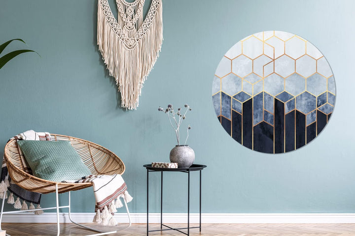 MuchoWow Wandbild Rund Wanddeko Deko Wohnzimmer Bilder 90x90 cm Sechseck - Gold - Schablonen, 90x90