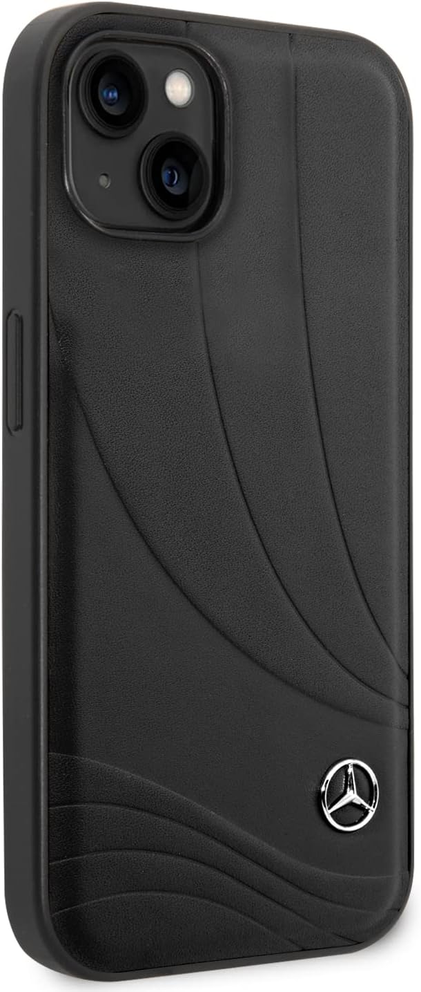 CG MOBILE Mercedes-Benz Handyhülle für iPhone 14 Plus in schwarzem Wellenmuster, Echtleder-Schutzhül